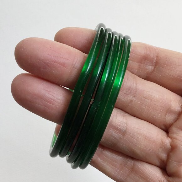 Two Tone Green Art Glass Child's Bangles Set of 5 - Picture 4 of 6